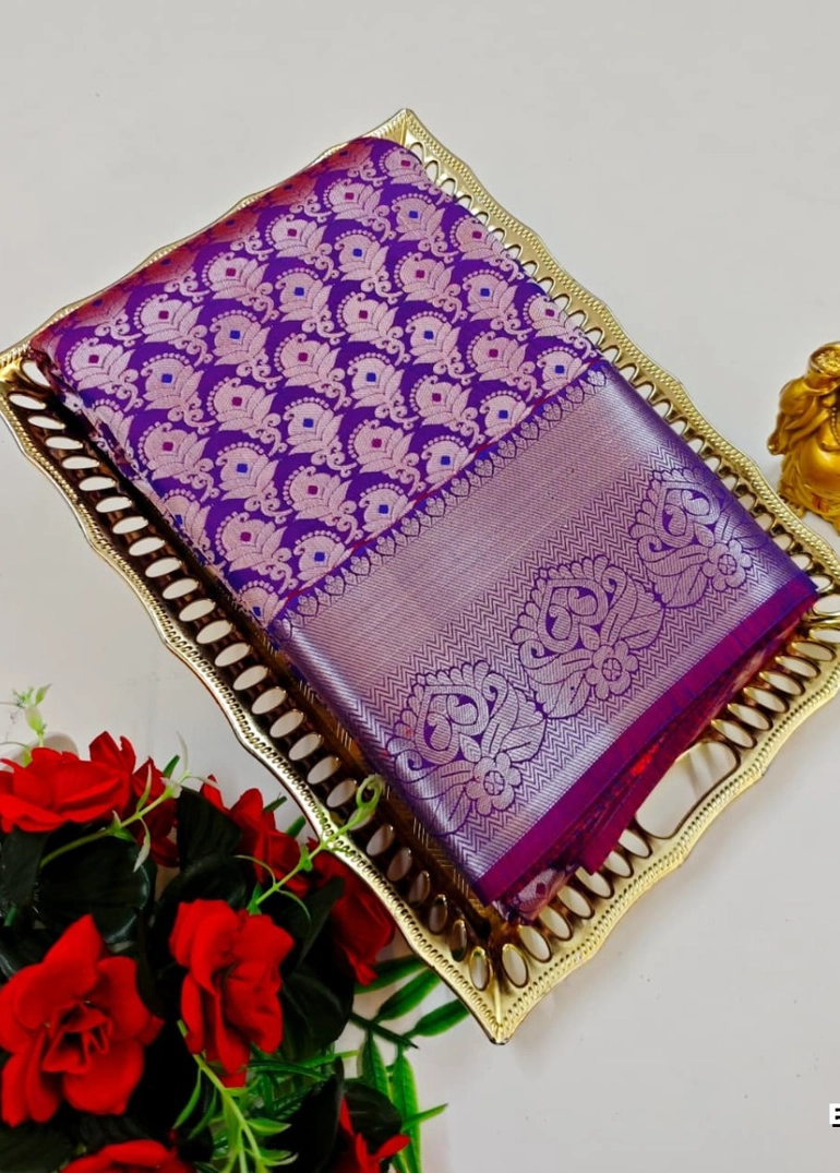Bridal silk gold silvar and copper zari weave and wedding art silk sarees - plum colour